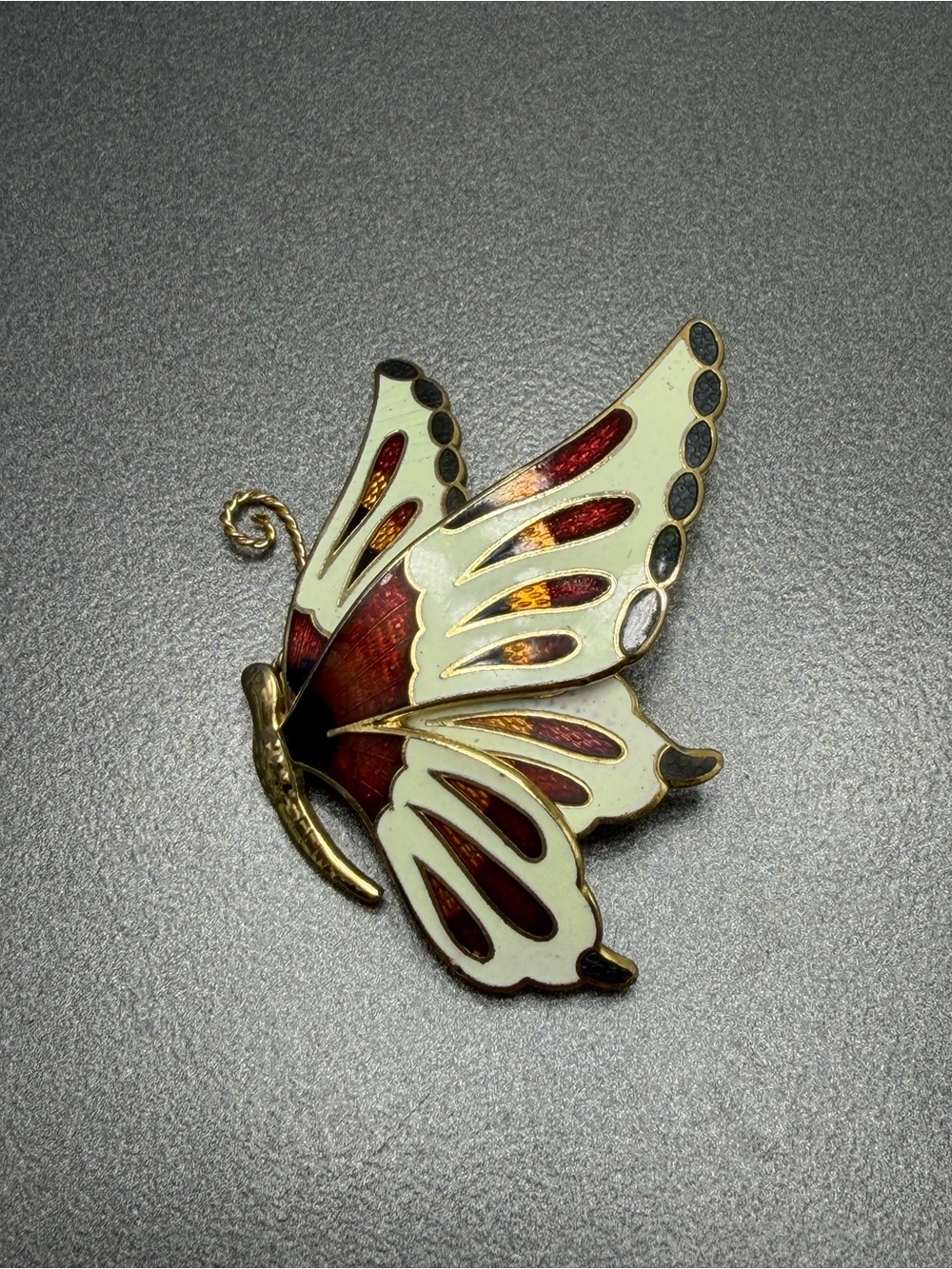 Vintage Cloisonne  Butterfly Brooch in Ivory and Burgundy